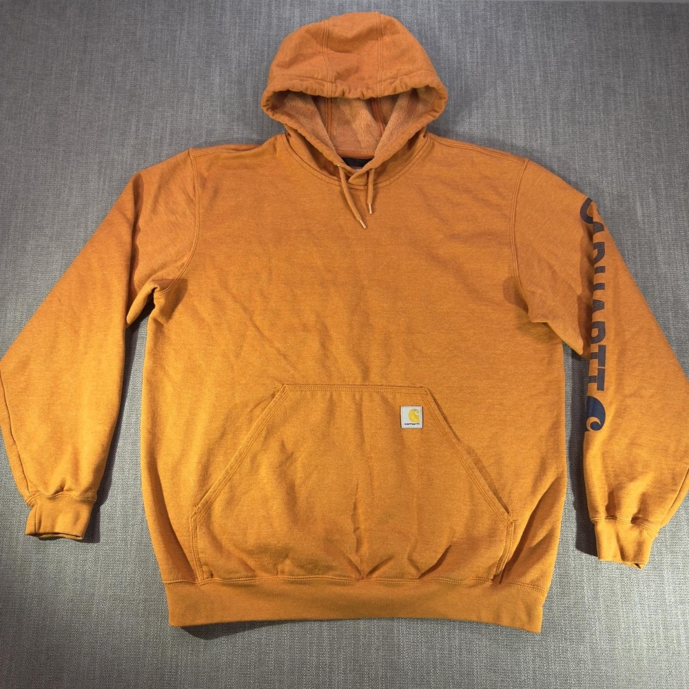 Carhartt Hoodie Mens Large Orange Loose Fit Fleece Pullover Sleeve Logo